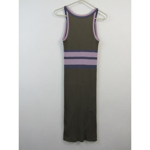 Demylee Small Ribbed Knit Tank Bodycon Dress Olive Green Purple Stripes - Picture 7 of 9
